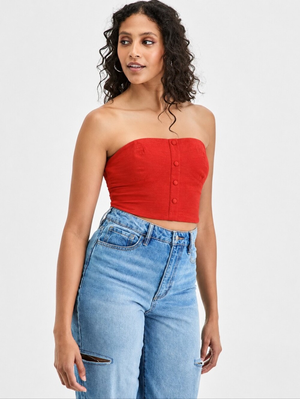 Bar III Coral Strapless Crop Top XL Button Front Smocked Back Tube Top
